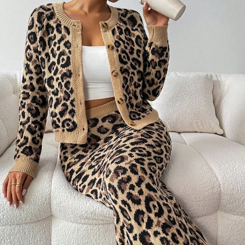 Brown Elegant Women's Leopard Print Casual Loose